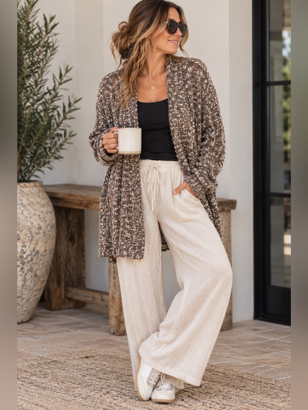 Chico’s Brown Textured Open Front Cardigan Size Large